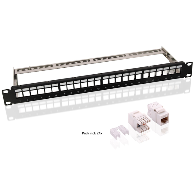 19"patchpanel - 1U incl. 24 Cat 6 keystones - Zwart - Unshielded