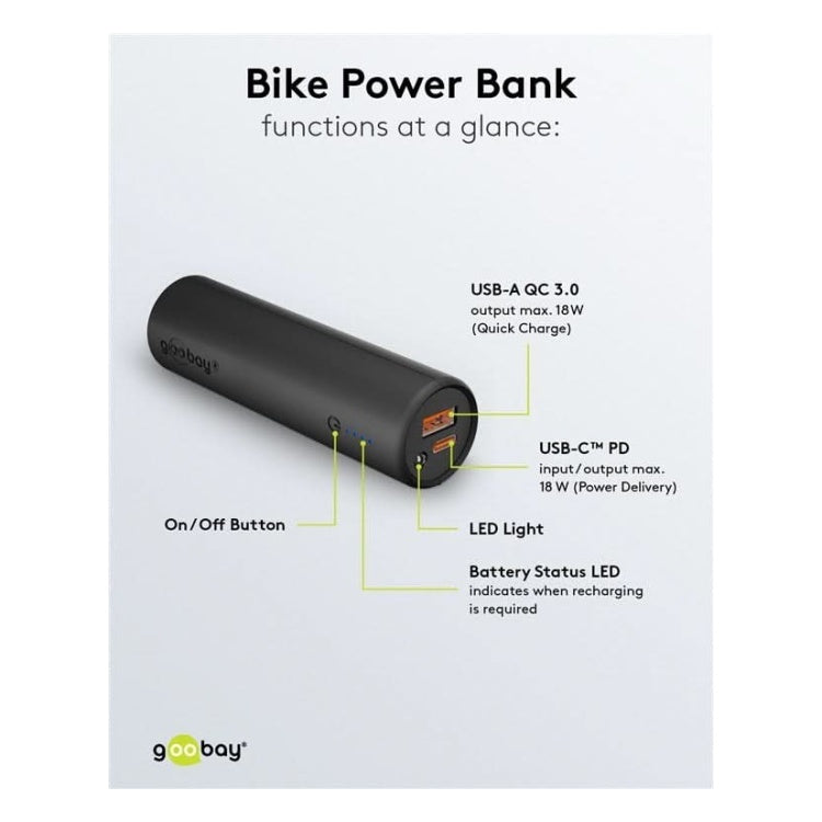 PB-BIKE-5.000 5.000 mAh powerbank  - 1x USB-C + 1x USB-A - Met PD & QuickCharge 3.0 - Met fietsbeugel