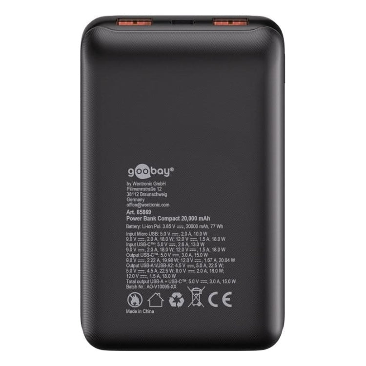 PB-CP-20.000 20.000 mAh powerbank  - 1x USB-C + 2x USB-A - Met PD & QuickCharge 3.0 - Extra klein