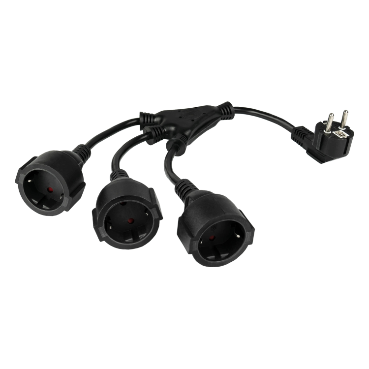 SCH-3SCH W-stroomkabel met randaarde - stekker (CEE 7/7, haaks) naar 3-voudig stopcontact - 20 cm - Zwart - Koper