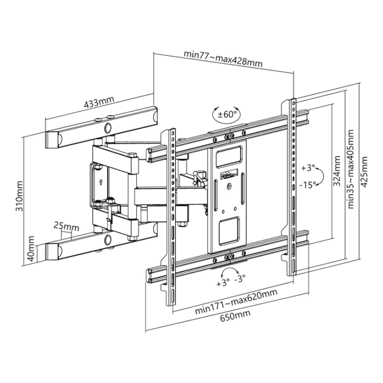 TVB-P-37-70-FM Goobay Pro Draaibare & kantelbare TV muurbeugel - Tot 70 inch - 7.7-42.8 cm muurafstand