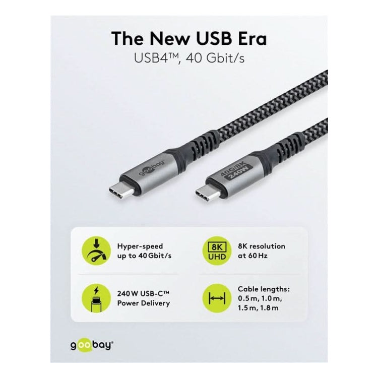 USB-C-4.0-40g-240w-T0.5 USB 4 kabel - USB C - PD 240 watt - 8K/60Hz video - USB 4.0 - 40 Gbit - Textiel - 50 cm
