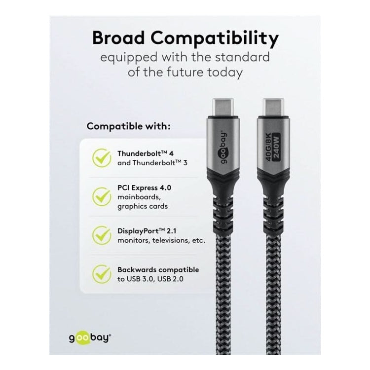 USB-C-4.0-40g-240w-T1 USB 4 kabel - USB C - PD 240 watt - 8K/60Hz video - USB 4.0 - 40 Gbit - Textiel - 1 meter