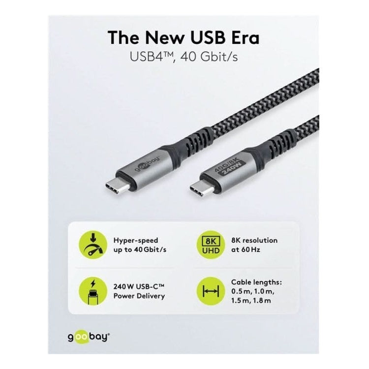 USB-C-4.0-40g-240w-T1 USB 4 kabel - USB C - PD 240 watt - 8K/60Hz video - USB 4.0 - 40 Gbit - Textiel - 1 meter