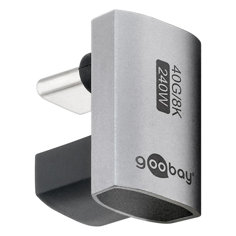 USBS-C-4.0-40g-240w-3 Haakse USB-C adapter (U bocht) - USB4 40 Gbps - PD 240W - 8K 60Hz - Aluminium