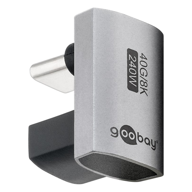 USBS-C-4.0-40g-240w-3 Haakse USB-C adapter (U bocht) - USB4 40 Gbps - PD 240W - 8K 60Hz - Aluminium