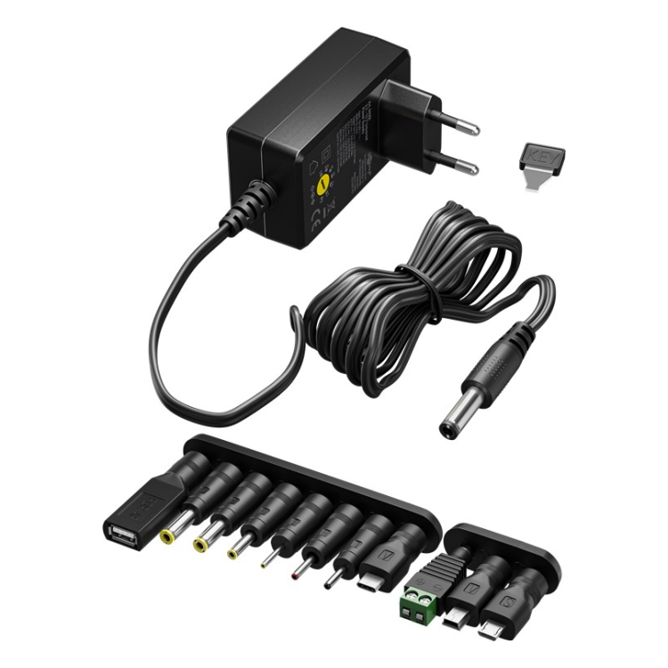 V-UNI-3-12V-3.6W Universele voedingsadapter - 3-12V DC - 3,6W - 0,3A - 11 Verwisselbare Pluggen - 1,8 meter
