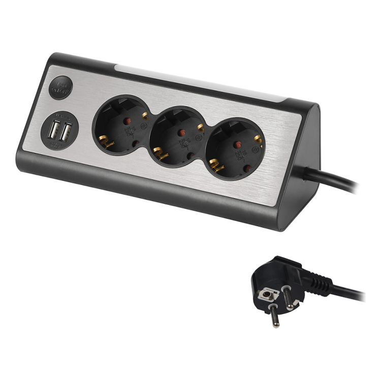 VD-BU3-1.5M-ZW Bureau stekkerdoos met 3 stopcontacten en 2 USB-poorten - zwart - 1,5 m