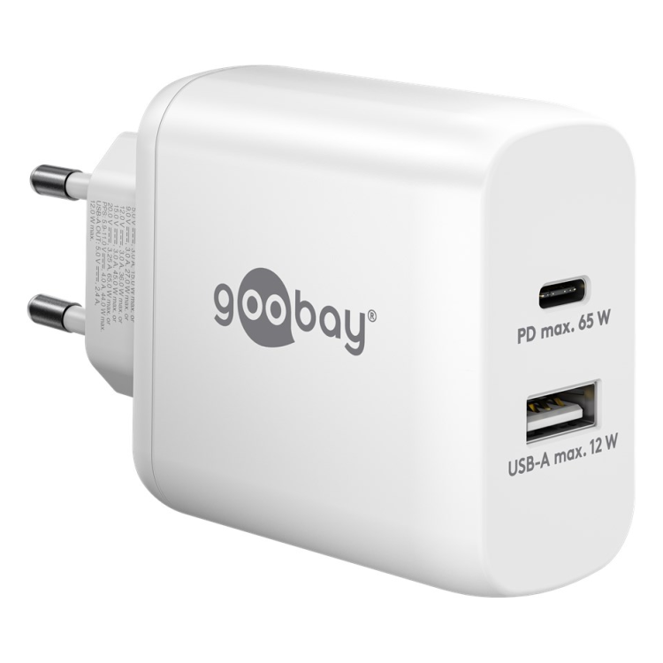 WT-2302USB65WGaN-WT Goobay 65 Watt kleine snellader - 1 x USB C PD + 1 x USB A - GaN lader - Met PPS - Wit
