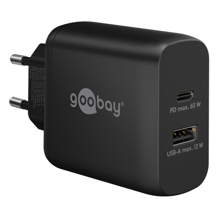 WT-2302USB65WGaN-ZW Goobay 65 Watt kleine snellader - 1 x USB C PD + 1 x USB A - GaN lader - Met PPS - Zwart