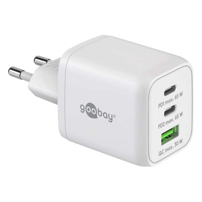 WT-2303USB65WGaN-WT Goobay 65 Watt snellader - 2 x USB C PD + 1 x USB A QC - GaN lader - Met PPS - Wit