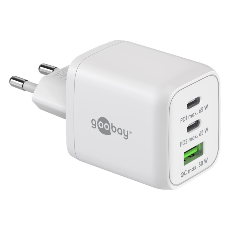 WT-2303USB65WGaN-WT Goobay 65 Watt snellader - 2 x USB C PD + 1 x USB A QC - GaN lader - Met PPS - Wit