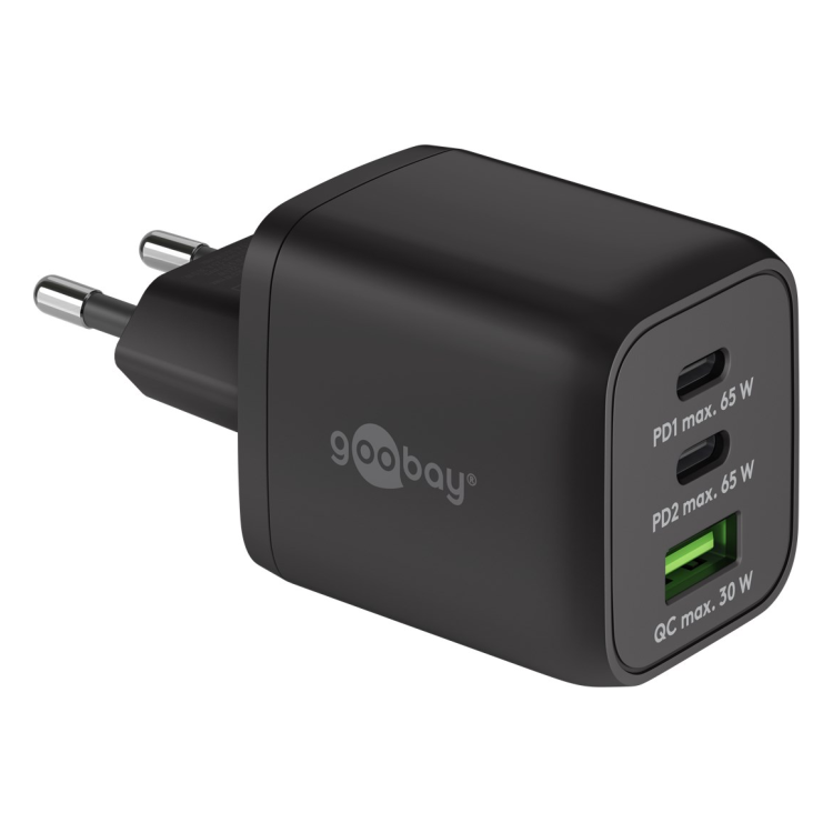 WT-2303USB65WGaN-ZW Goobay 65 Watt snellader - 2 x USB C PD + 1 x USB A QC - GaN lader - Met PPS - Zwart