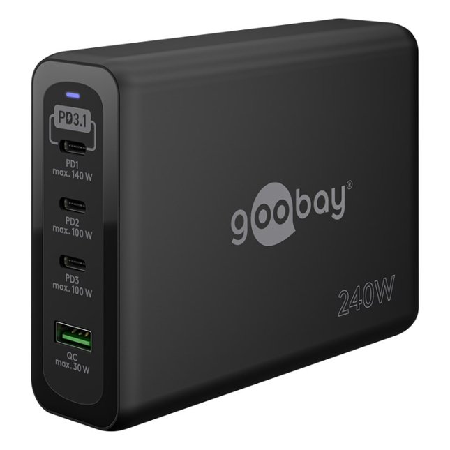 WT-2304USB240WGaN-DT-ZW Goobay desktop lader - 3 x USB C PD + 1 x USB A QC - GaN lader - Zwart