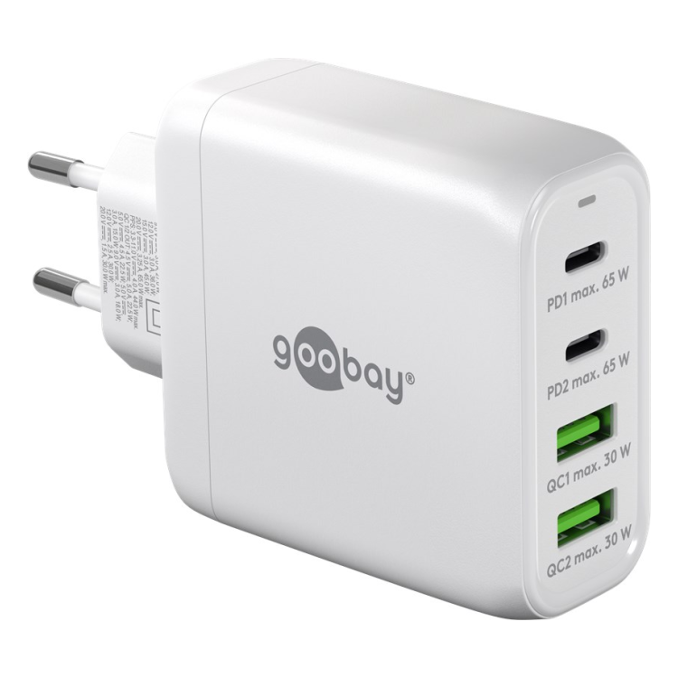 WT-2304USB68WGaN-WT Goobay 68 Watt snellader - 2 x USB C PD + 2 x USB A QC - GaN lader - Met PPS - Wit