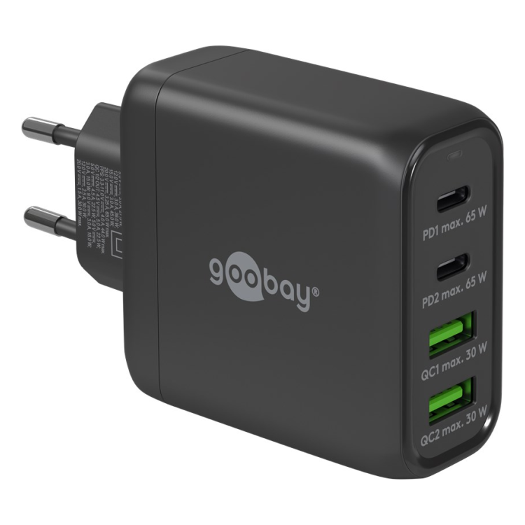 WT-2304USB68WGaN-ZW Goobay 68 Watt snellader - 2 x USB C PD + 2 x USB A QC - GaN lader - Met PPS - Zwart